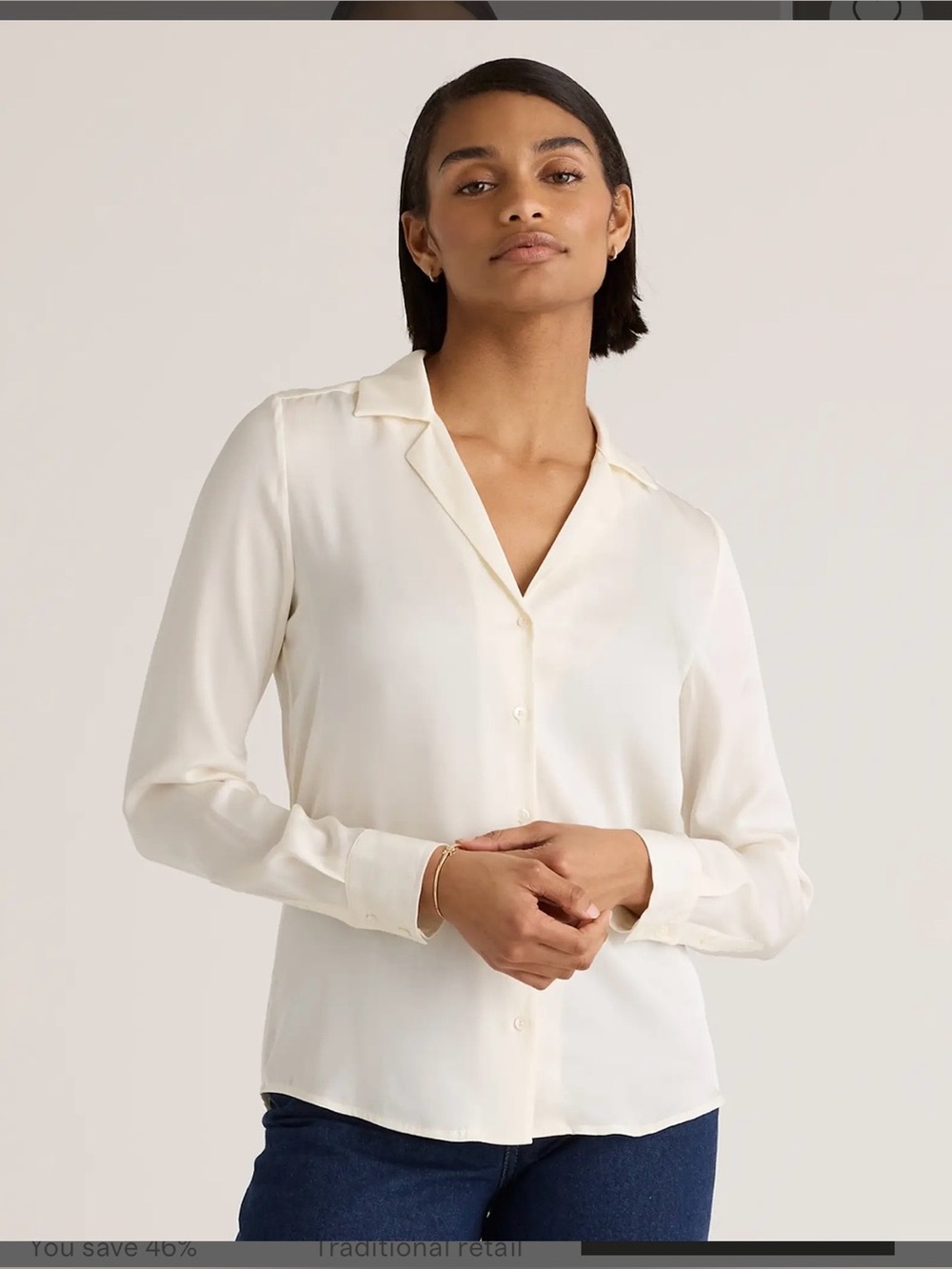 Quince Washable Stretch Silk Notch Collar Blouse Ivory XS